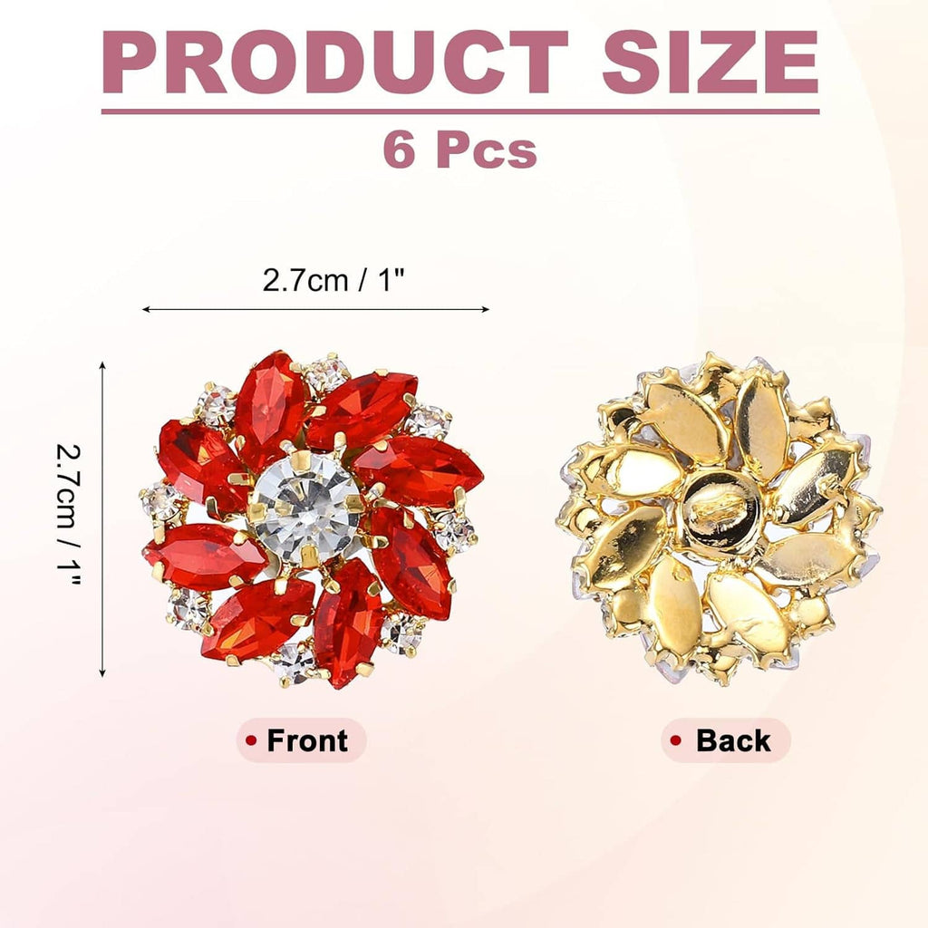 Red crystal flower buttons: front and gold-tone back view, about 1 inch size