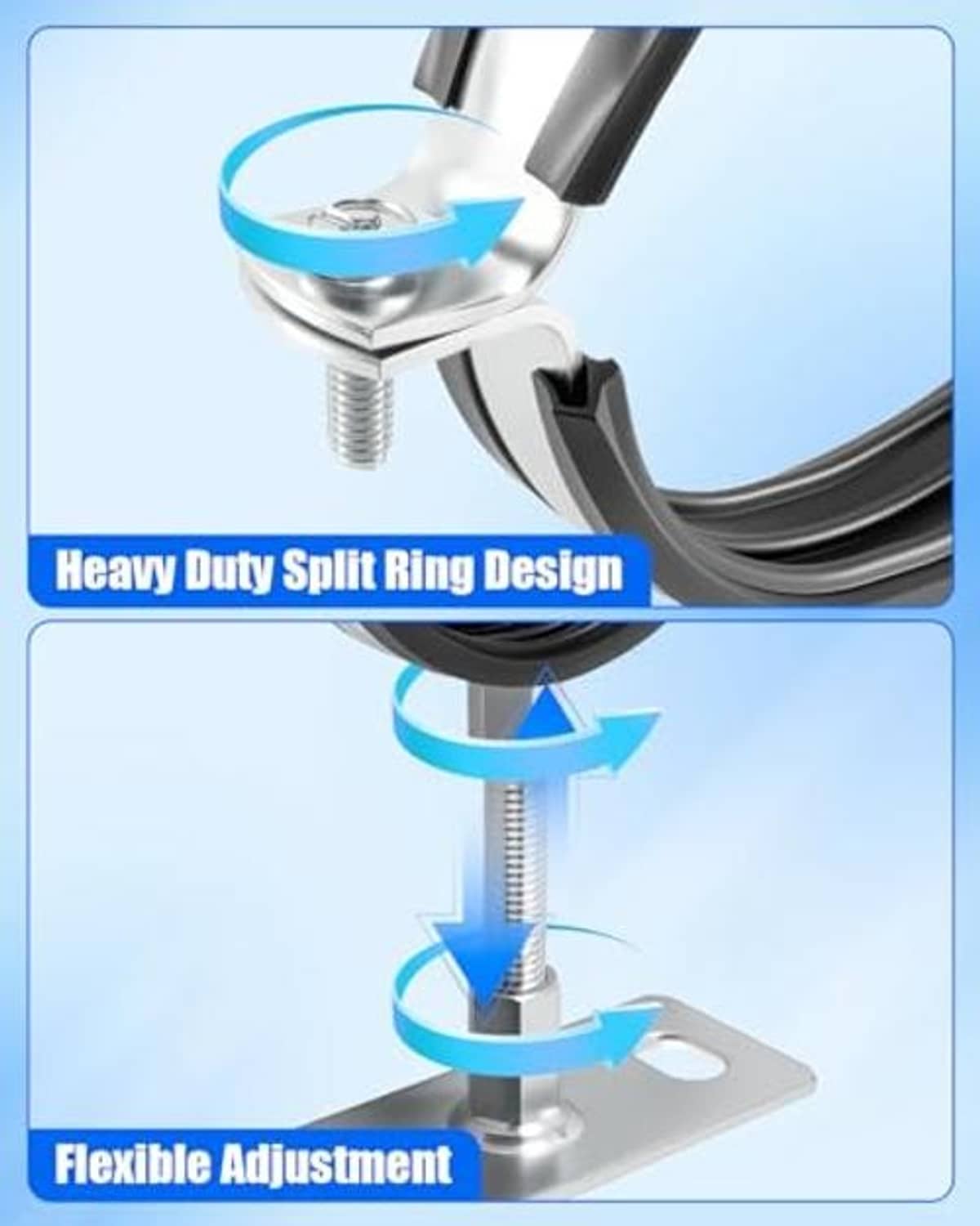 Split-ring pipe hanger close-up with adjustable screw and black support ring
