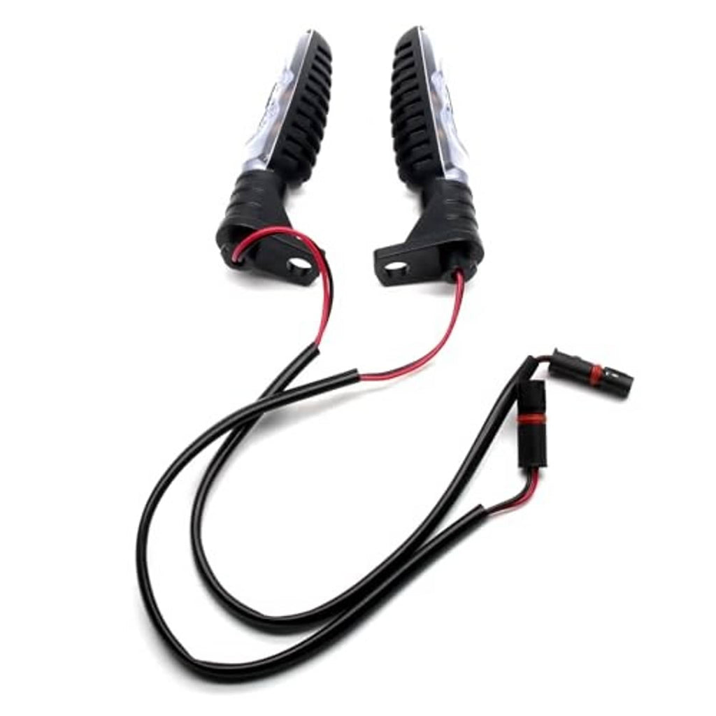 Motorcycle LED front turn signal lights with clear lenses, black bases, red/black wire harness