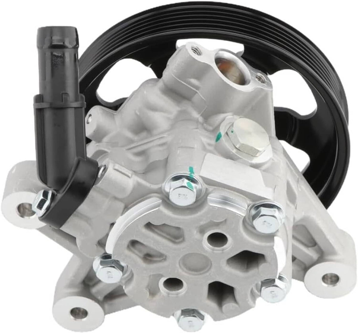 Power steering pump assembly with black pulley wheel and gray pump body