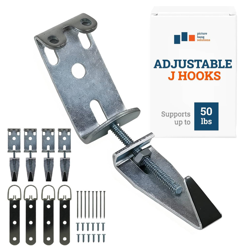 Silver mirror hanging hardware kit with adjustable J hooks, strap, screws, and nails