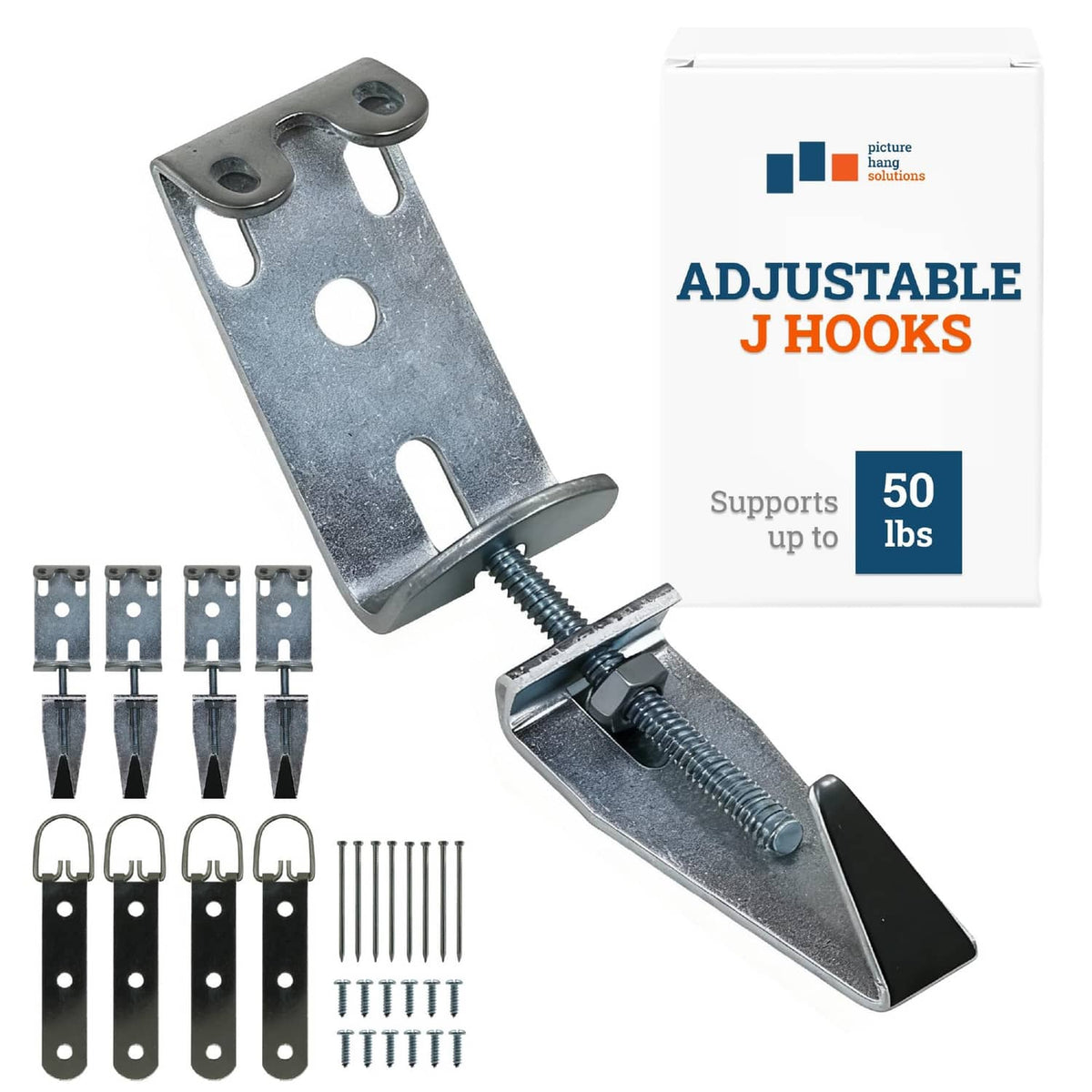 Silver mirror hanging hardware kit with adjustable J hooks, strap, screws, and nails