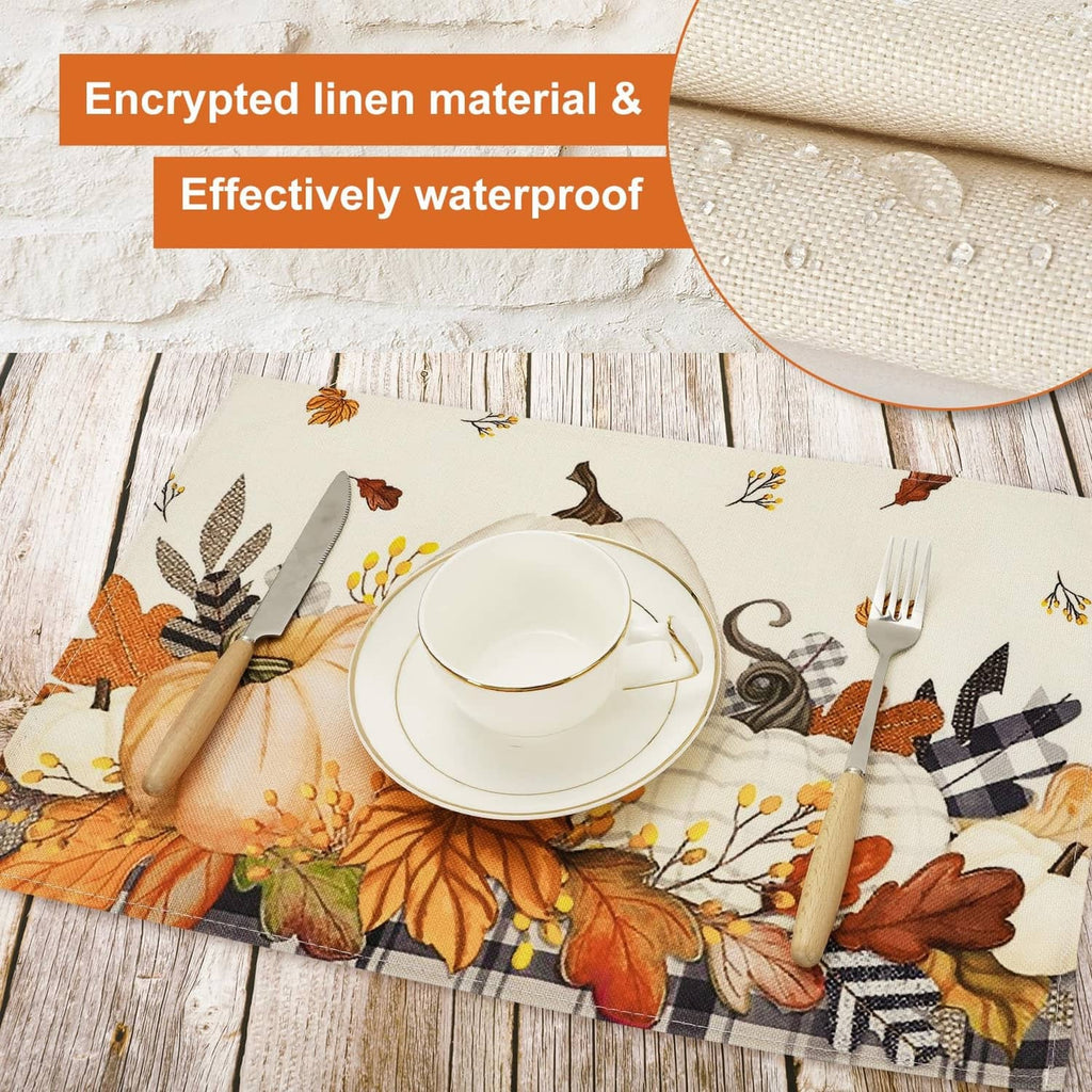 Beige linen placemat with pumpkin, acorn, and leaf floral border design