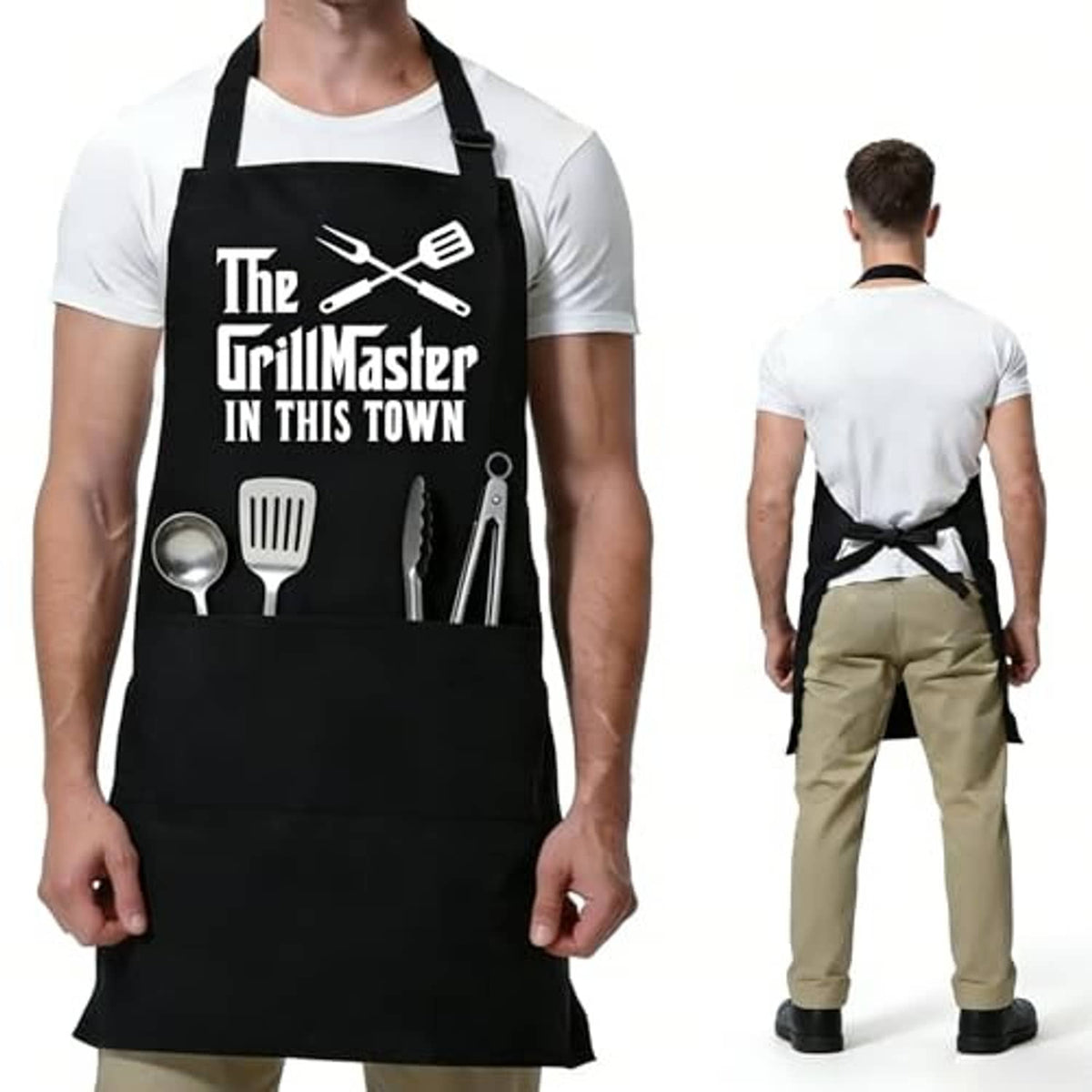 Black grilling apron with neck strap and crossed back tie, full-body view on a man.
