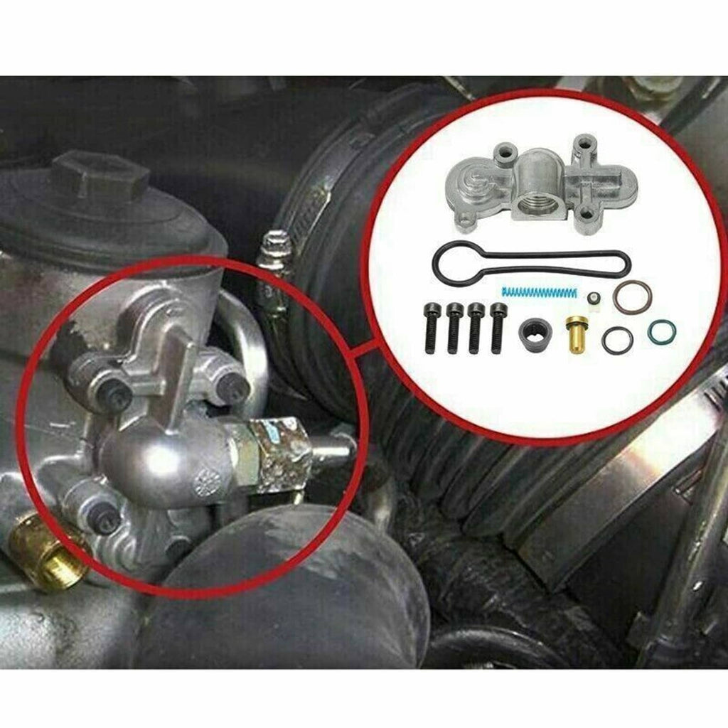 Fuel pressure regulator kit components, showing installed regulator part and included seals