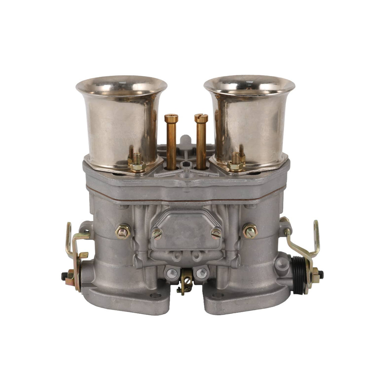 Two-barrel carburetor engine front view with twin chrome air intakes and gray housing