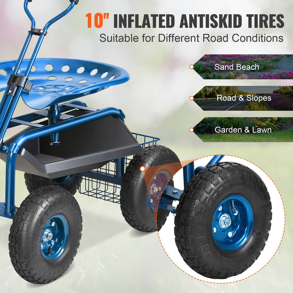 Blue garden cart with anti-skid tires, perforated seat, and storage basket