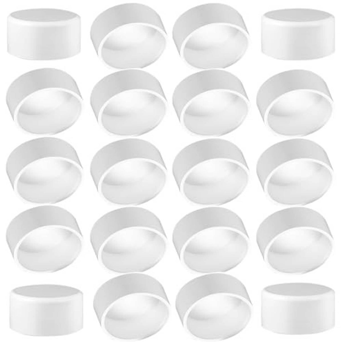 White PVC pipe end caps, 20-pack, multiple cylindrical plugs with open socket ends