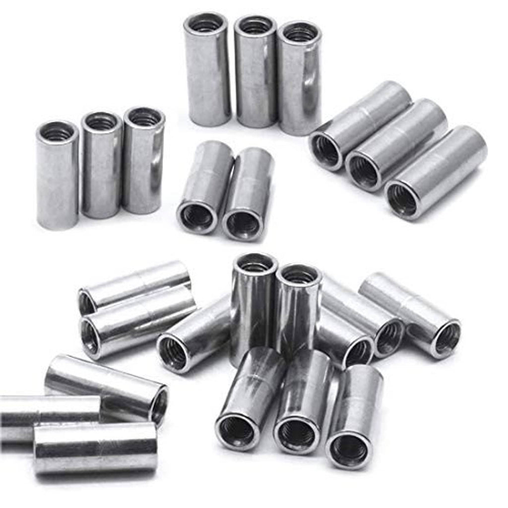 Assorted round coupling nuts, M5x20mm metal sleeves with threaded inner holes