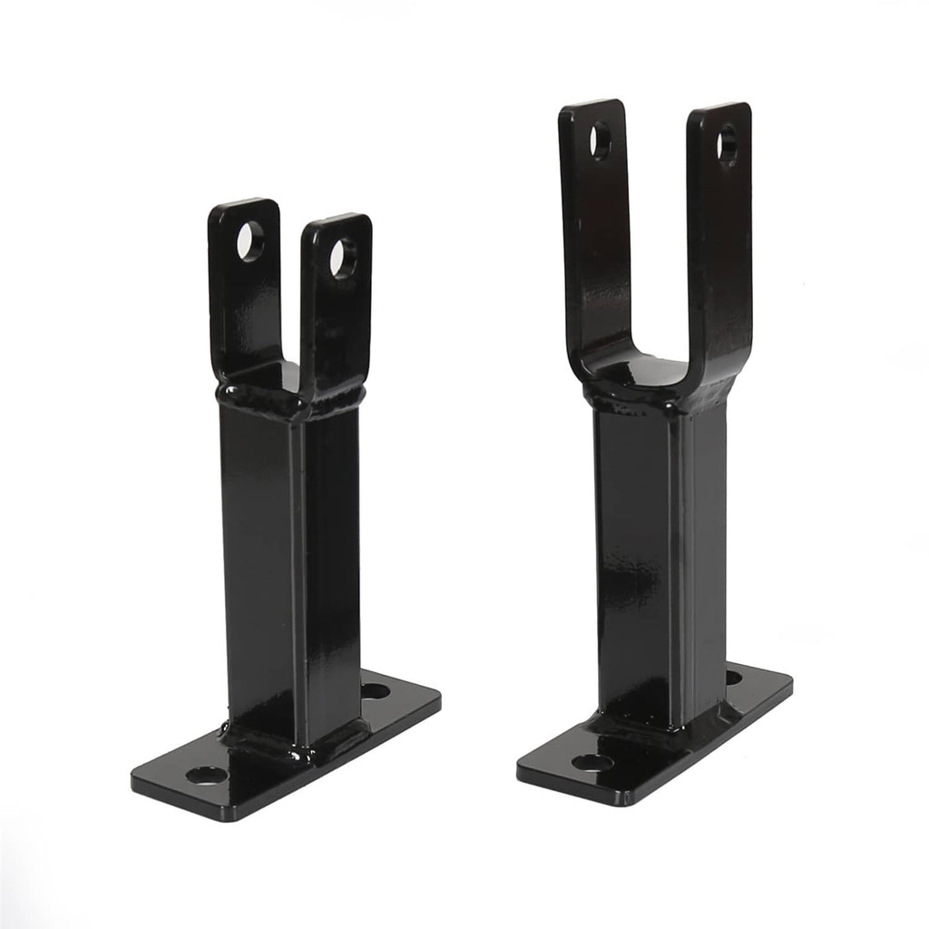 Pair of black U-shaped steel rack holder brackets with mounting base and circular holes