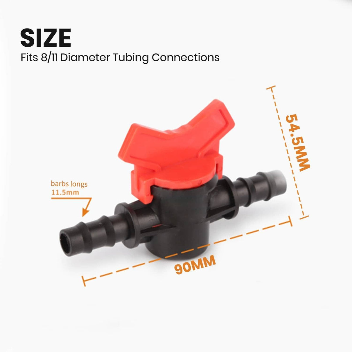 Inline barbed ball valve with red lever handle and black plastic body, push-fit ends