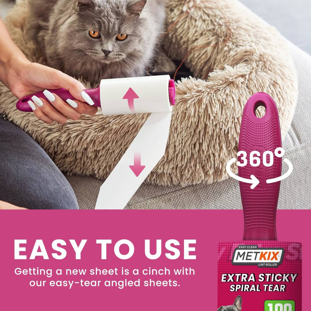 Pink Metkix lint roller refill with 360° angle removing pet fur from cushion