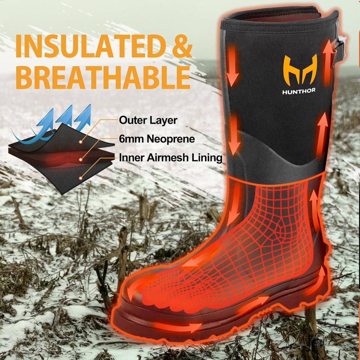 Black insulated waterproof work boots with orange lining detail and HUNTHOR logo.