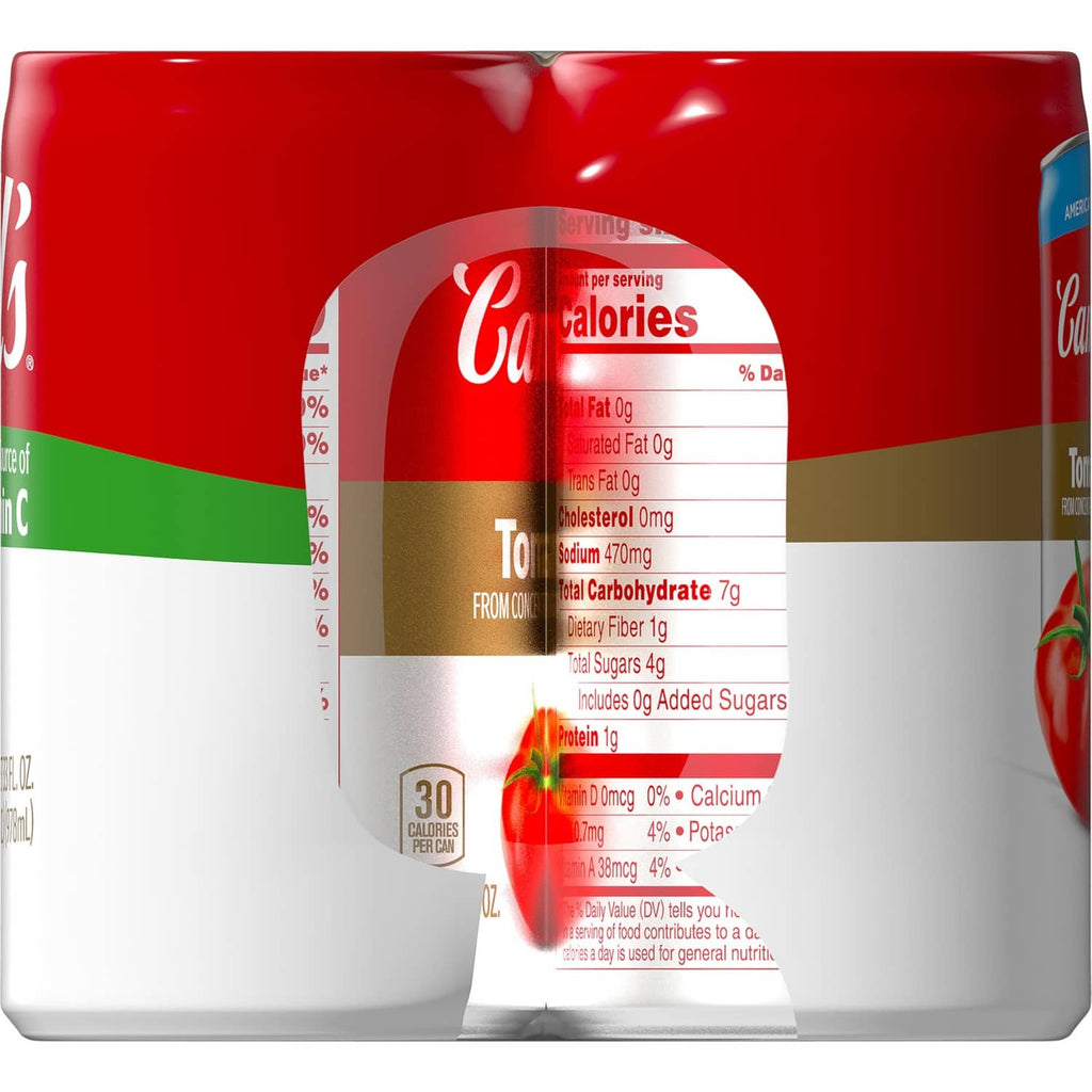 Campbell's tomato juice Nutrition Facts label printed on the can