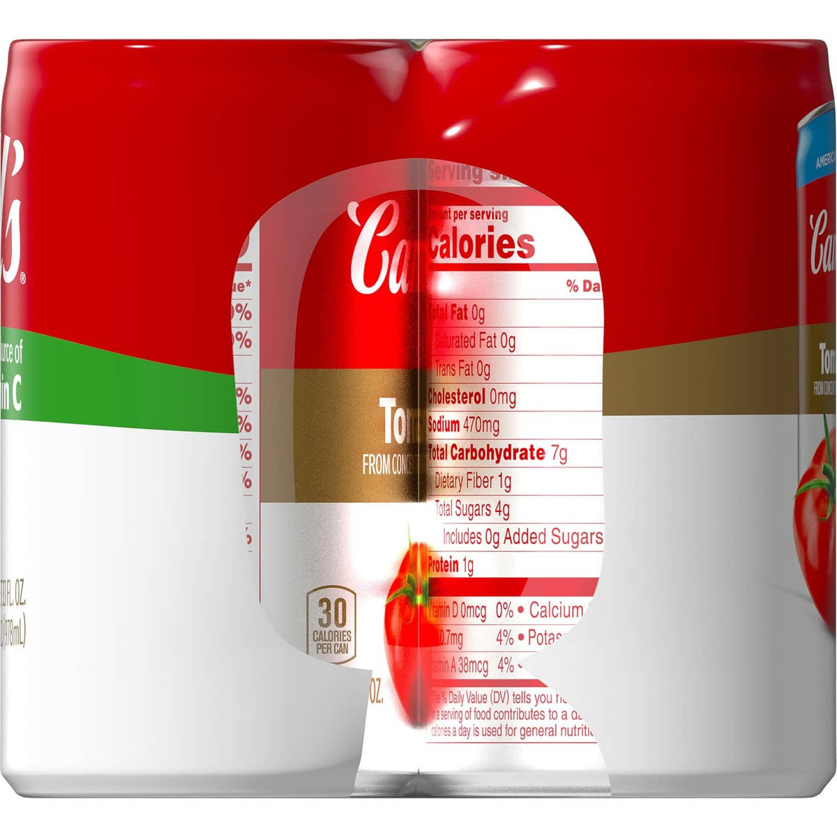 Campbell's tomato juice Nutrition Facts label printed on the can