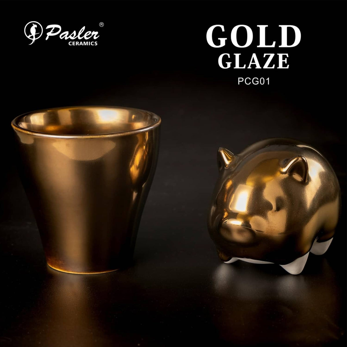 Gold-glazed ceramic cup and small lidded piece with mirror metallic finish