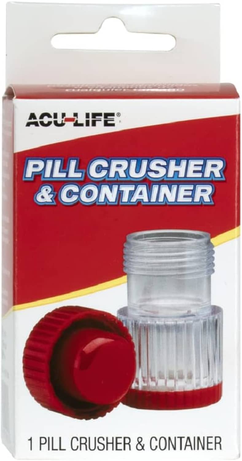 Pill crusher and container kit in retail box with red cap and clear container
