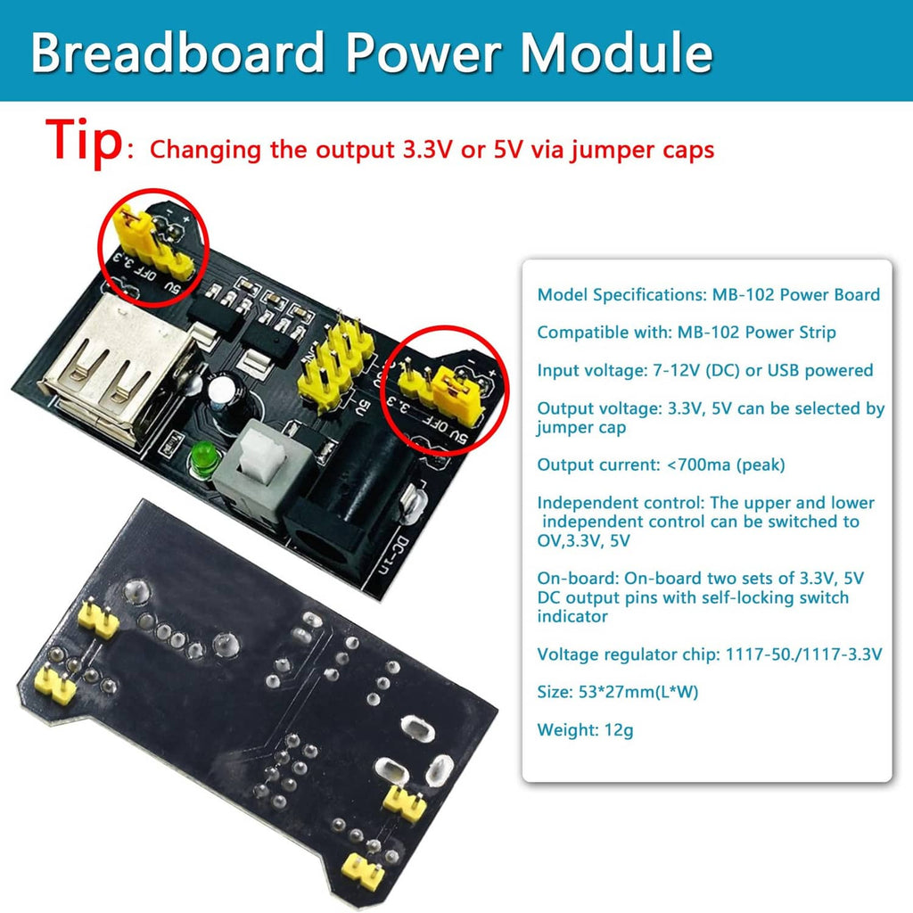 Breadboard power module PCB with USB input, voltage regulator, and jumper output header