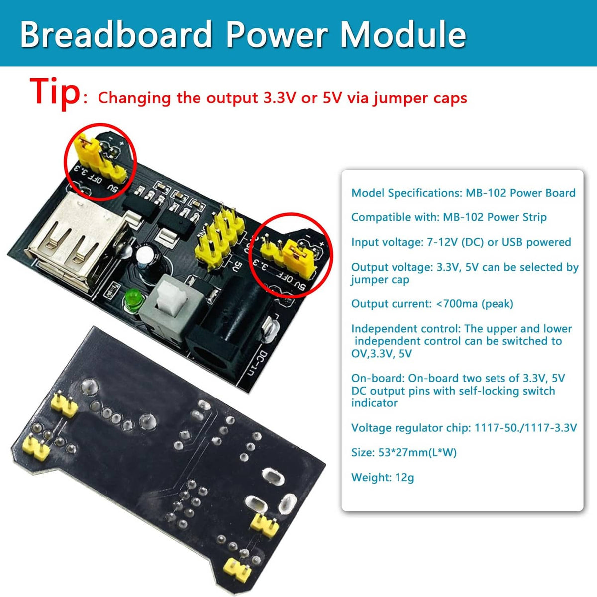 Breadboard power module PCB with USB input, voltage regulator, and jumper output header