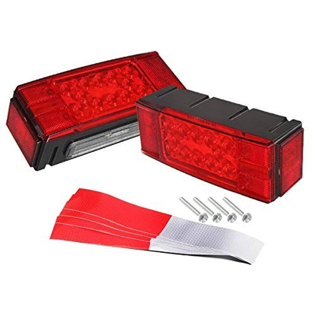 Red low-profile rectangular LED trailer lights with black housings and screws