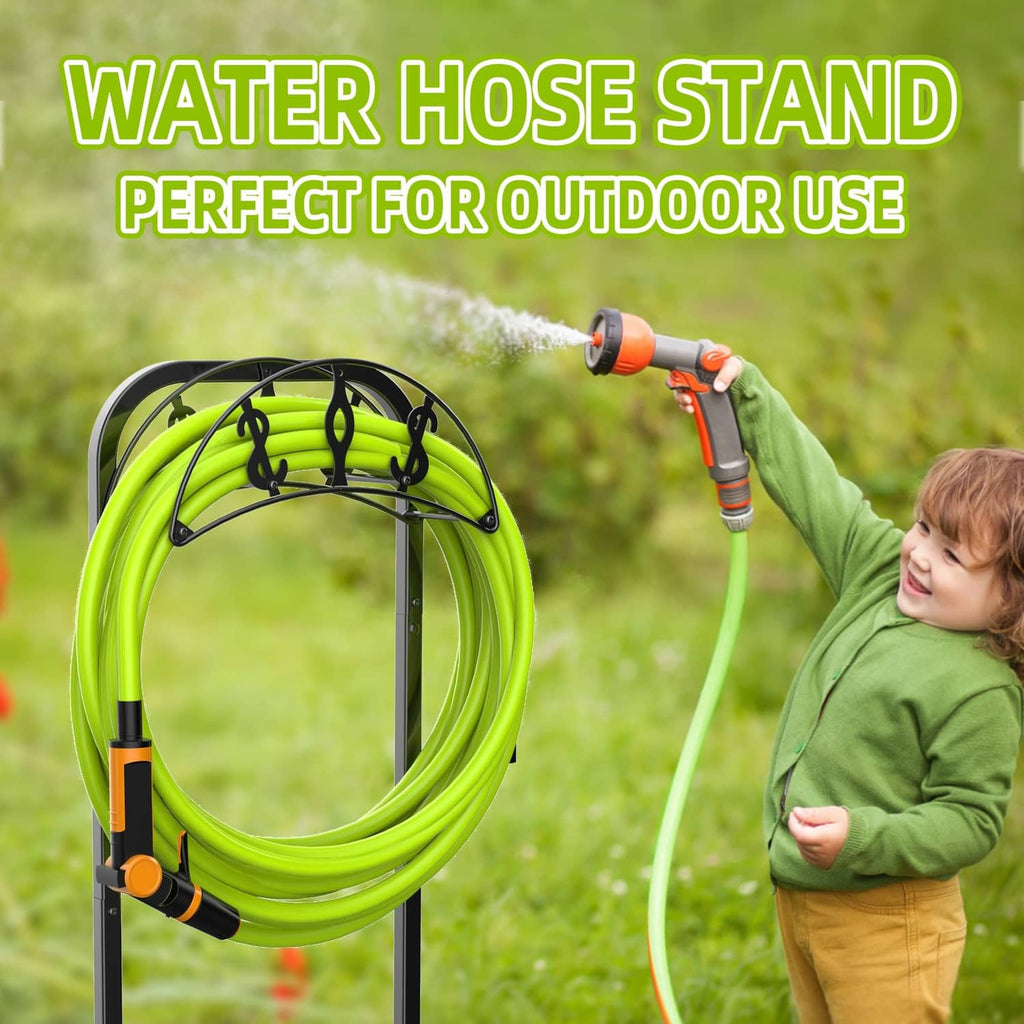 Outdoor hose stand with lime green hose, black base, four-loop rack, orange connector