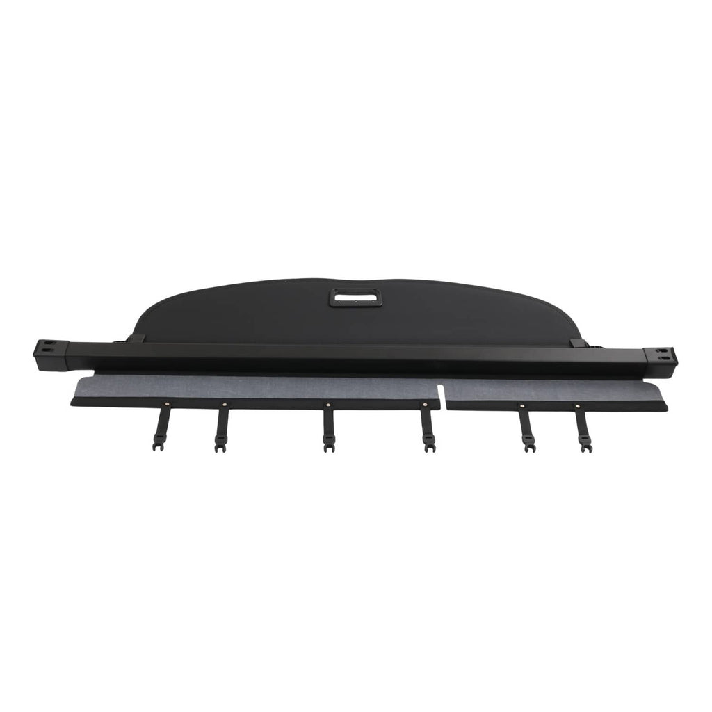 Black rear trunk security cargo cover with long top bar and hook-style fasteners