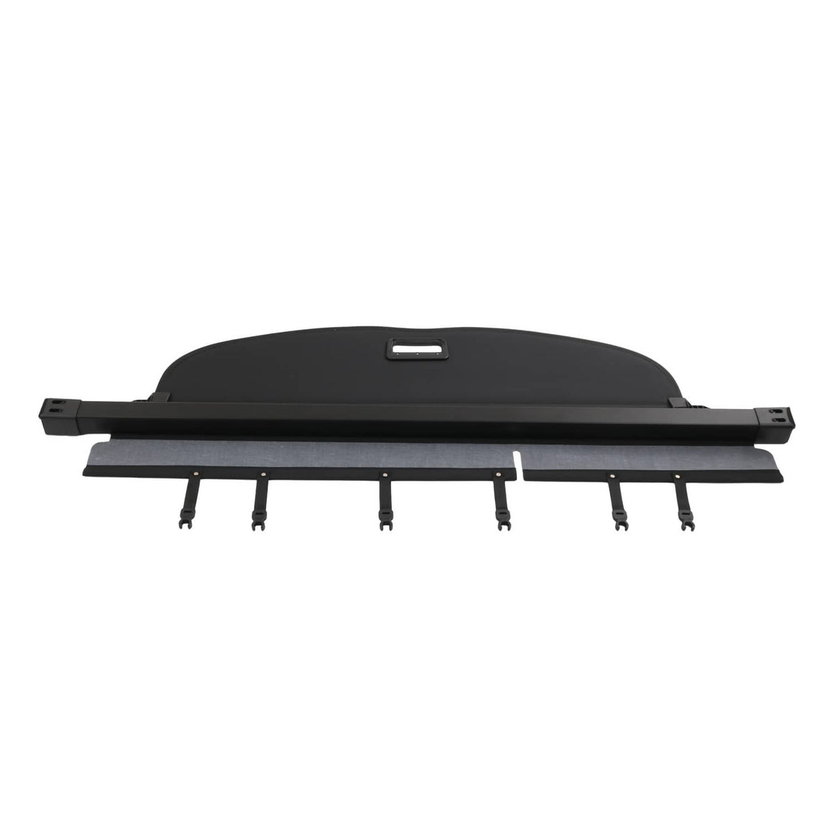 Black rear trunk security cargo cover with long top bar and hook-style fasteners