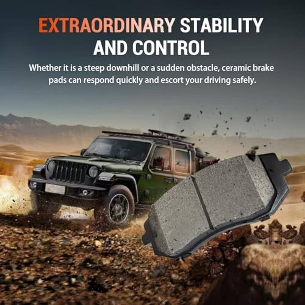 Single ceramic brake pad with dark gray friction face and metal mounting ears