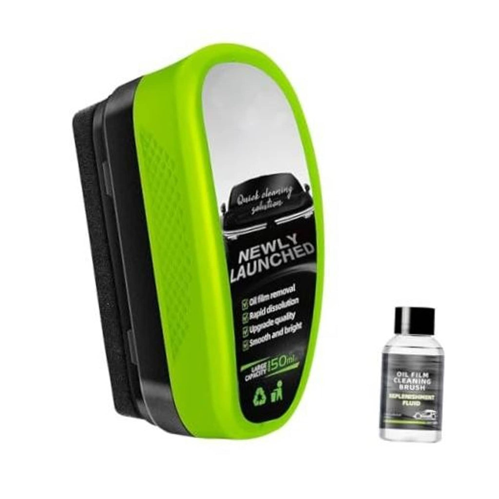 Green automotive glass cleaning brush with refill bottle, compact handheld design