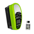 Green automotive glass cleaning brush with refill bottle, compact handheld design