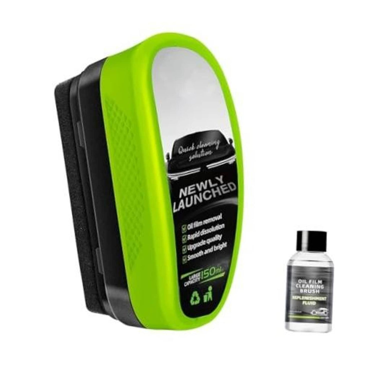 Green automotive glass cleaning brush with refill bottle, compact handheld design
