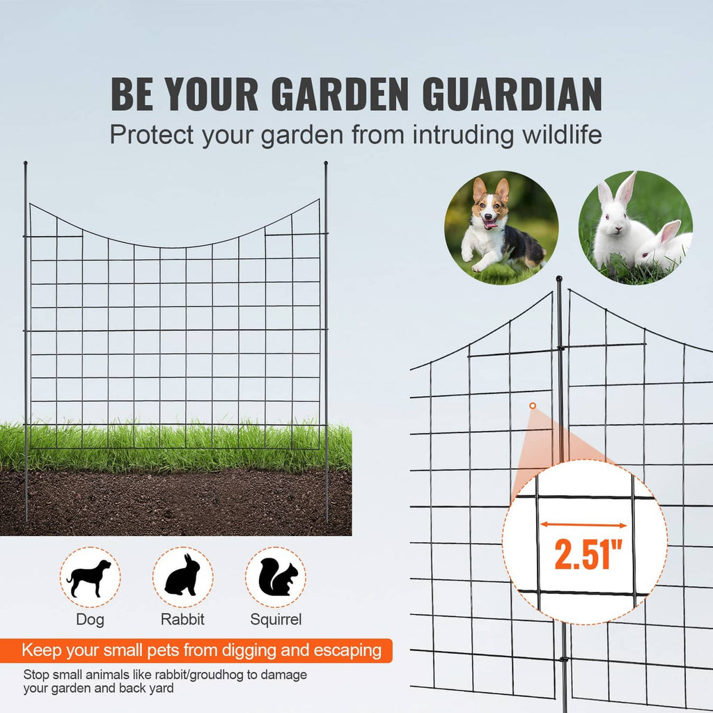 Black mesh garden fence panels with curved top and pointed stakes for wildlife protection