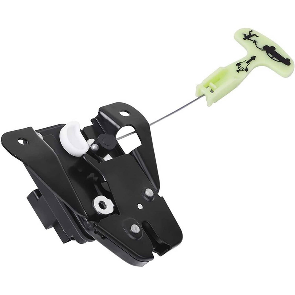 Black trunk latch actuator with striker bracket and green electrical connector