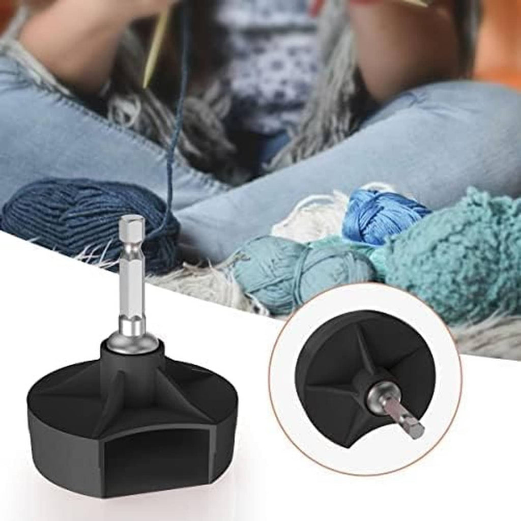 Black adapter base with metal bit and white ring, shown with yarn materials