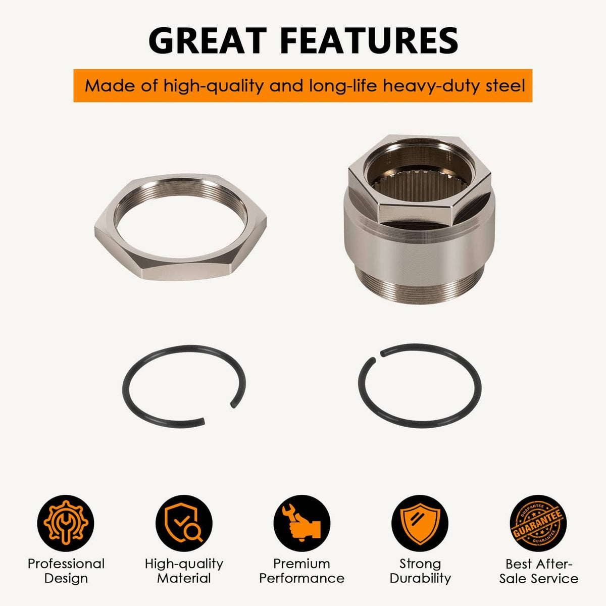 Rear axle lock jam nut and O-ring set in heavy-duty steel