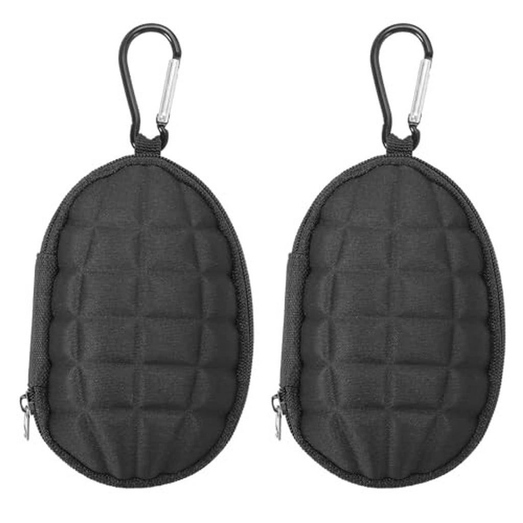 Two black oval chalk storage bags with carabiners and padded panels