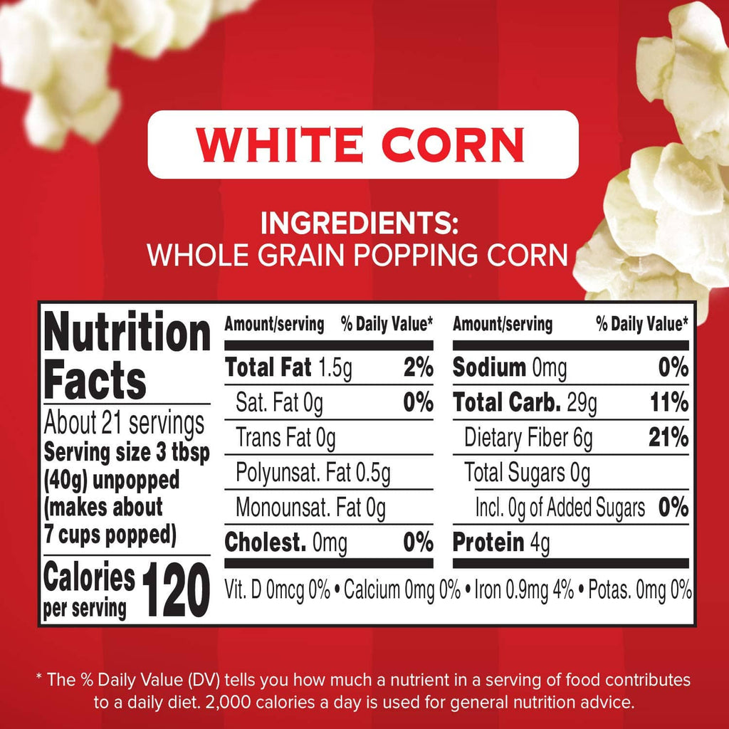 White corn popcorn kernels Nutrition Facts panel with calories and fiber details