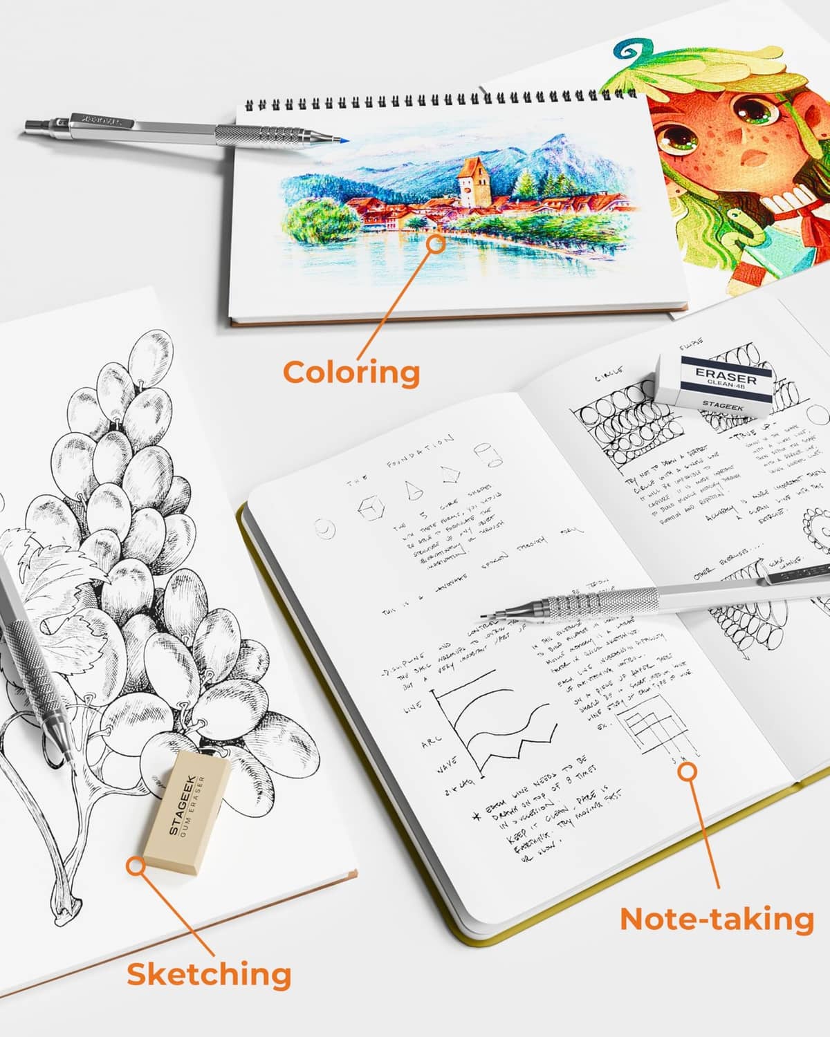 Silver mechanical pencil for sketching and note-taking on drawing papers