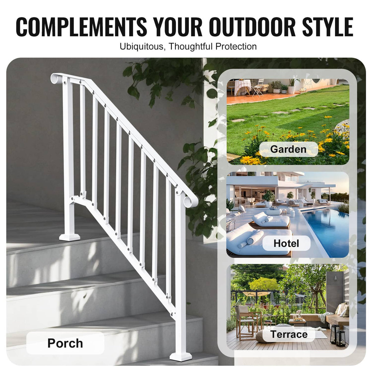 White porch stair handrail with vertical bars and curved top rail
