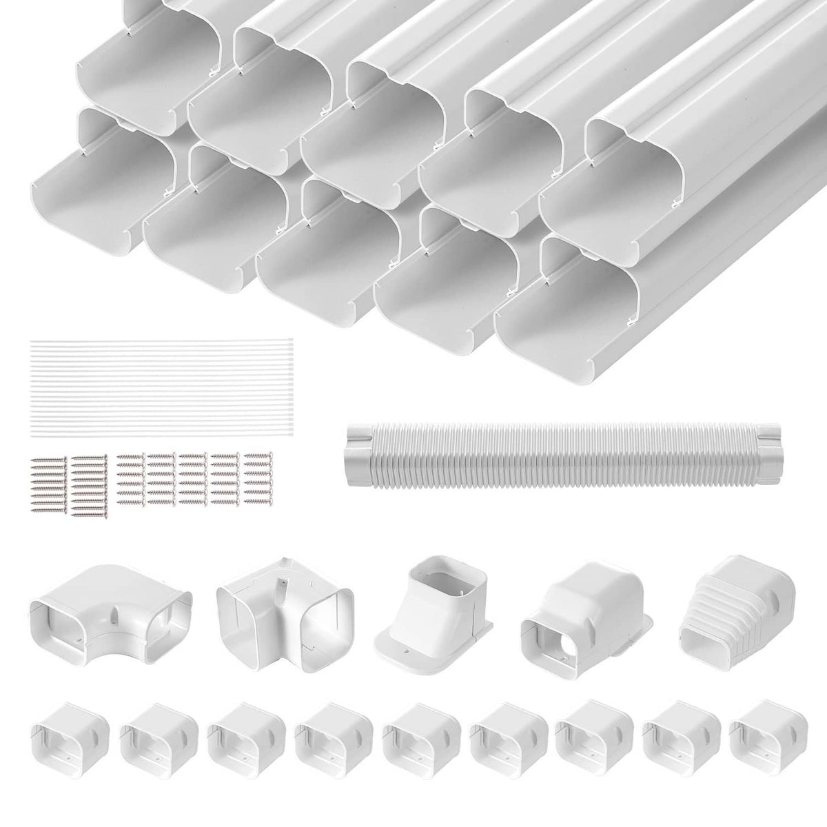 White PVC mini-split line set cover kit with straight sections, corner fittings, and end caps
