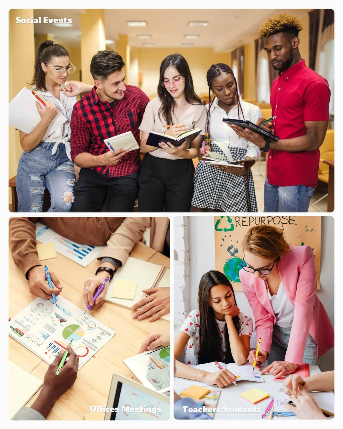 Stylus pens writing in notebooks for office meetings and teacher-student sessions