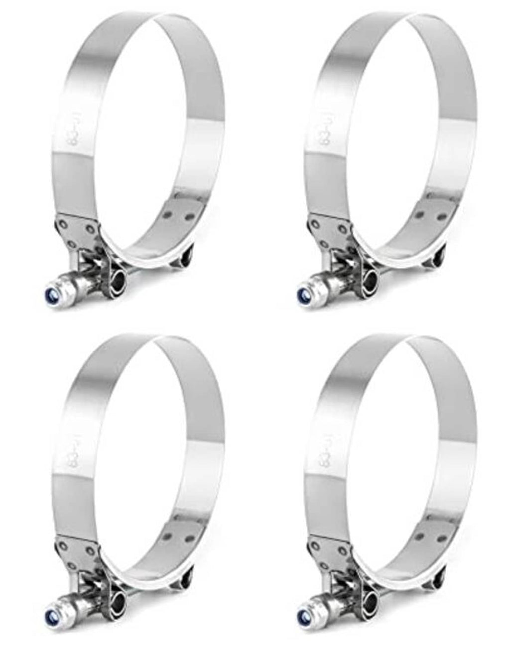 Stainless steel 3 in T-bolt hose clamps, four-pack, side angle with blue screw caps