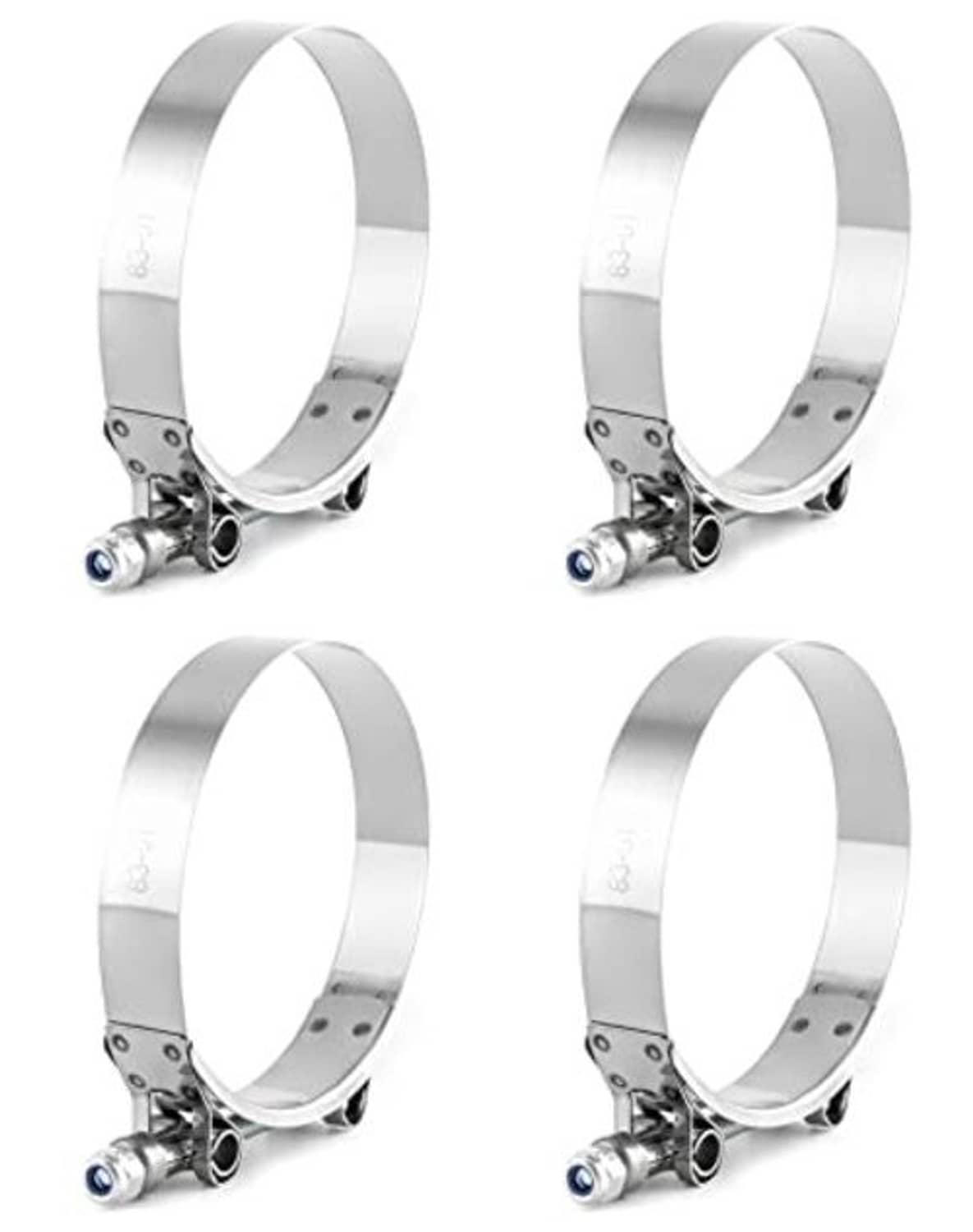 Stainless steel 3 in T-bolt hose clamps, four-pack, side angle with blue screw caps
