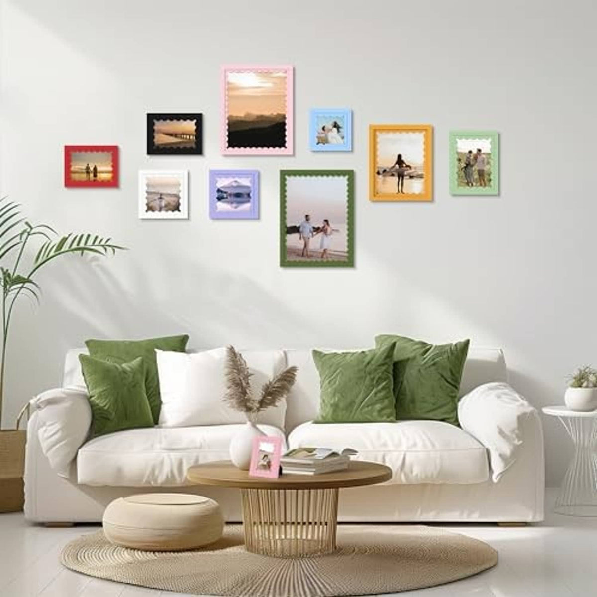 Wall display of multiple small picture frames with real-glass look in various colors