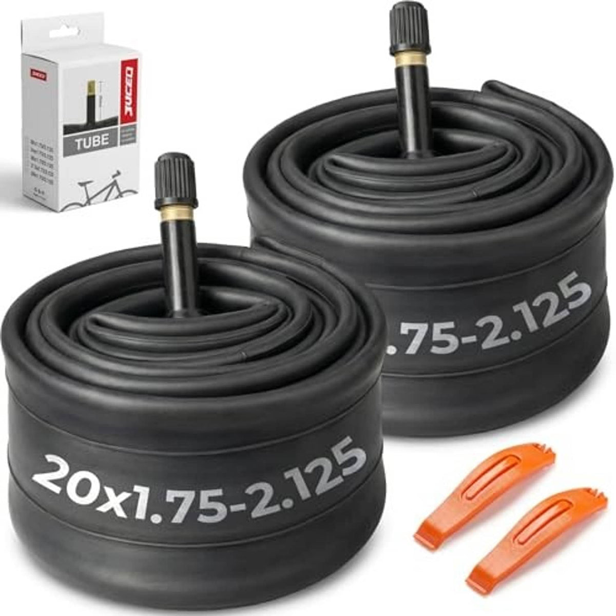 Butyl bike inner tube set, black coils with Schrader valve and orange tire levers