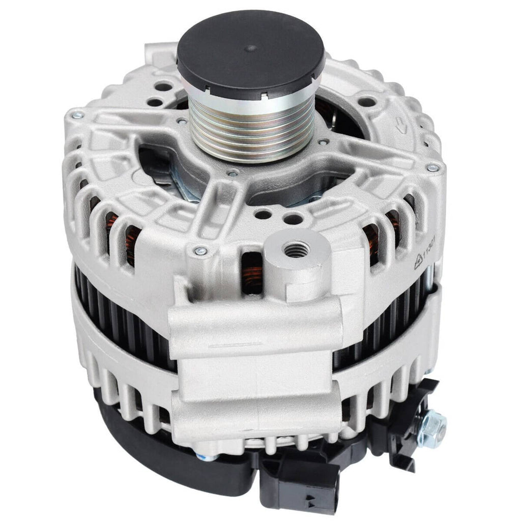 Automotive alternator with ribbed pulley and cooling fins, silver housing and black end cap