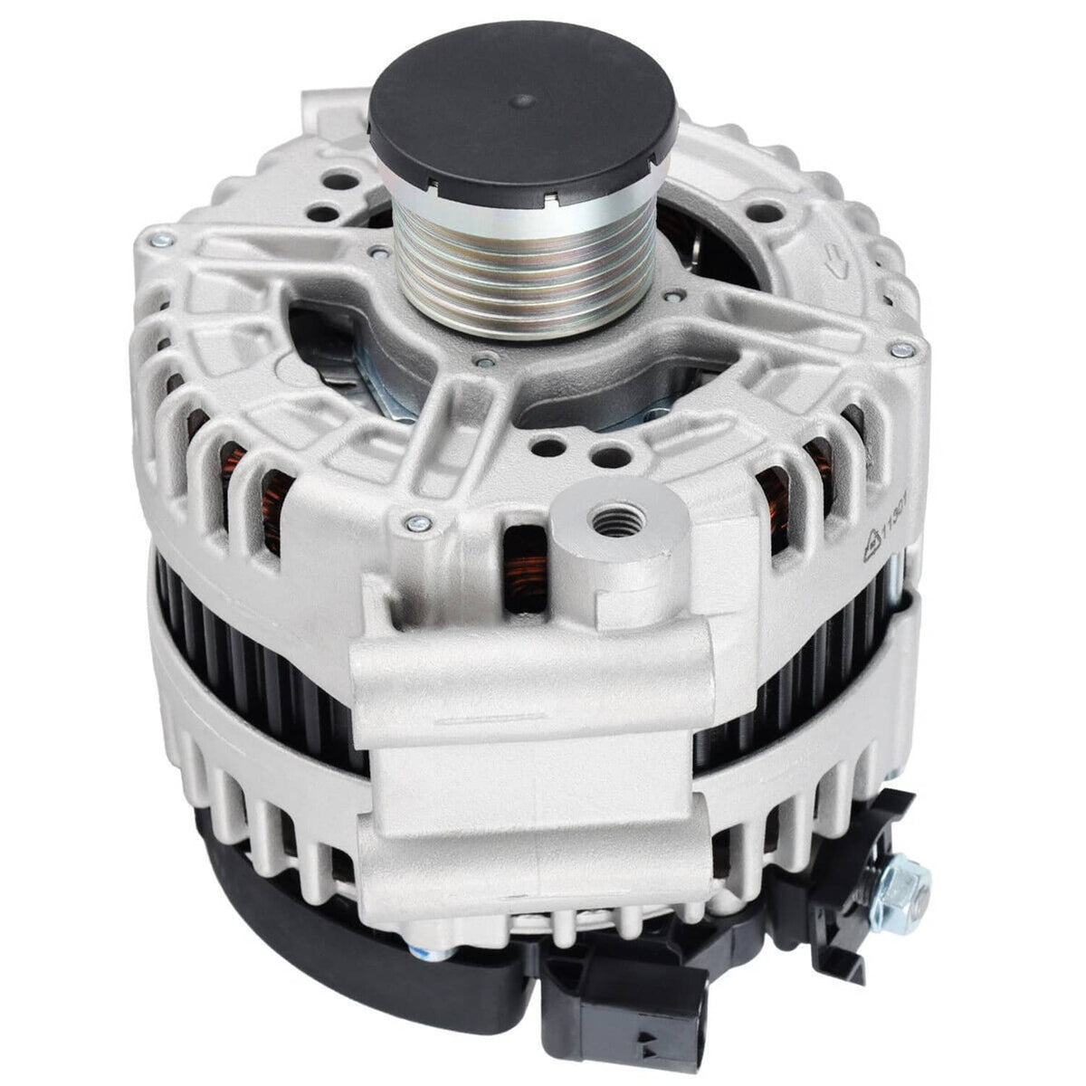 Automotive alternator with ribbed pulley and cooling fins, silver housing and black end cap