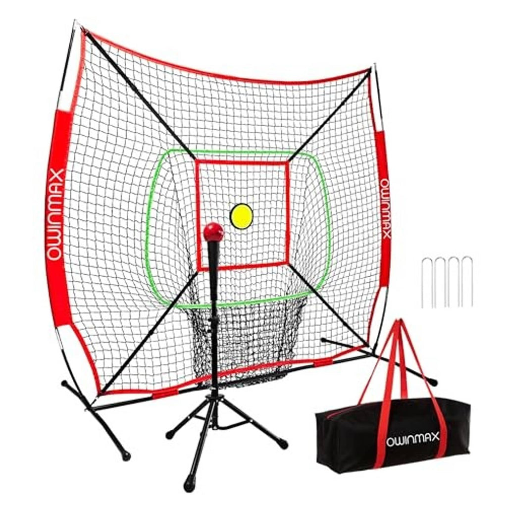 Baseball batting net with red side panels, black poles, and yellow square target