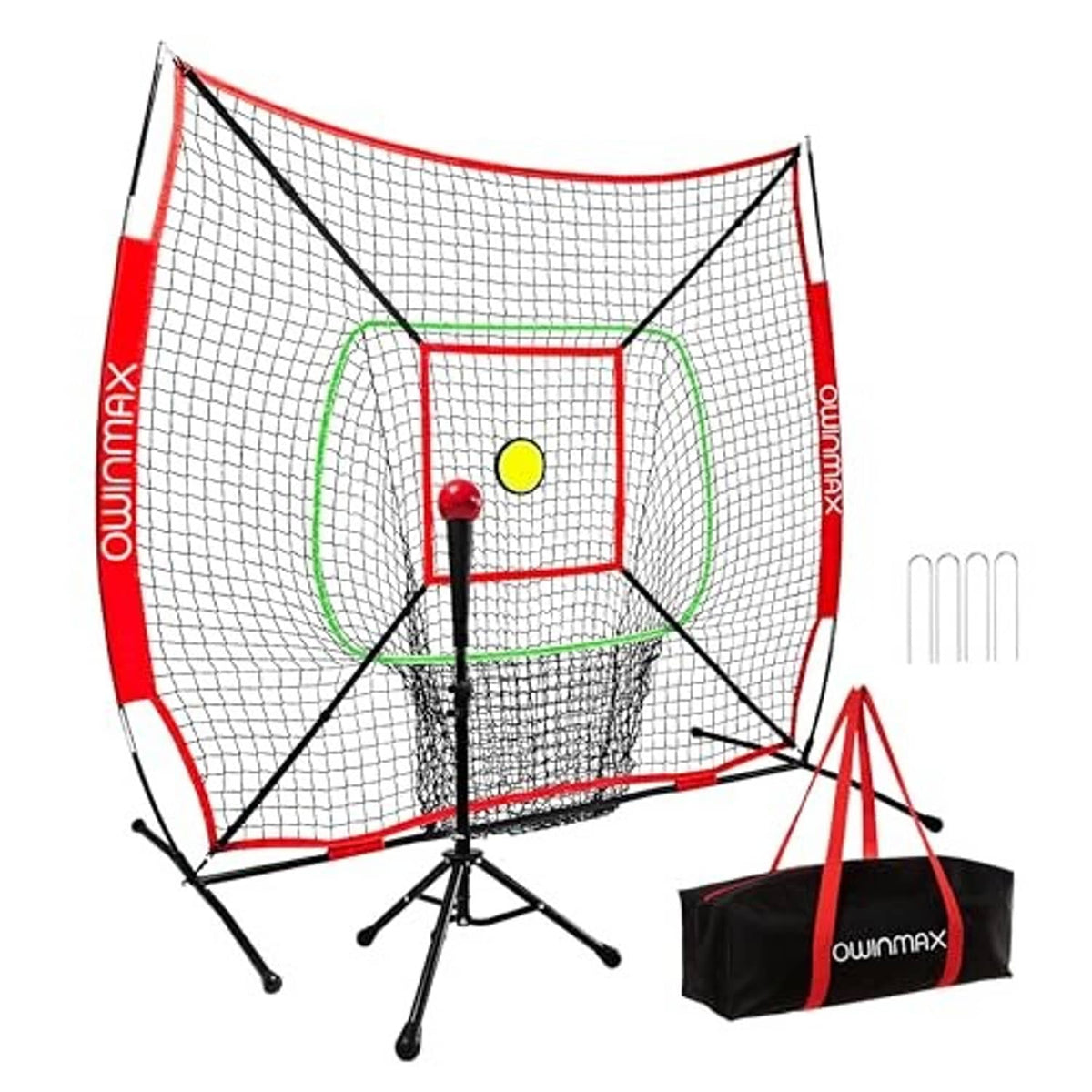 Baseball batting net with red side panels, black poles, and yellow square target