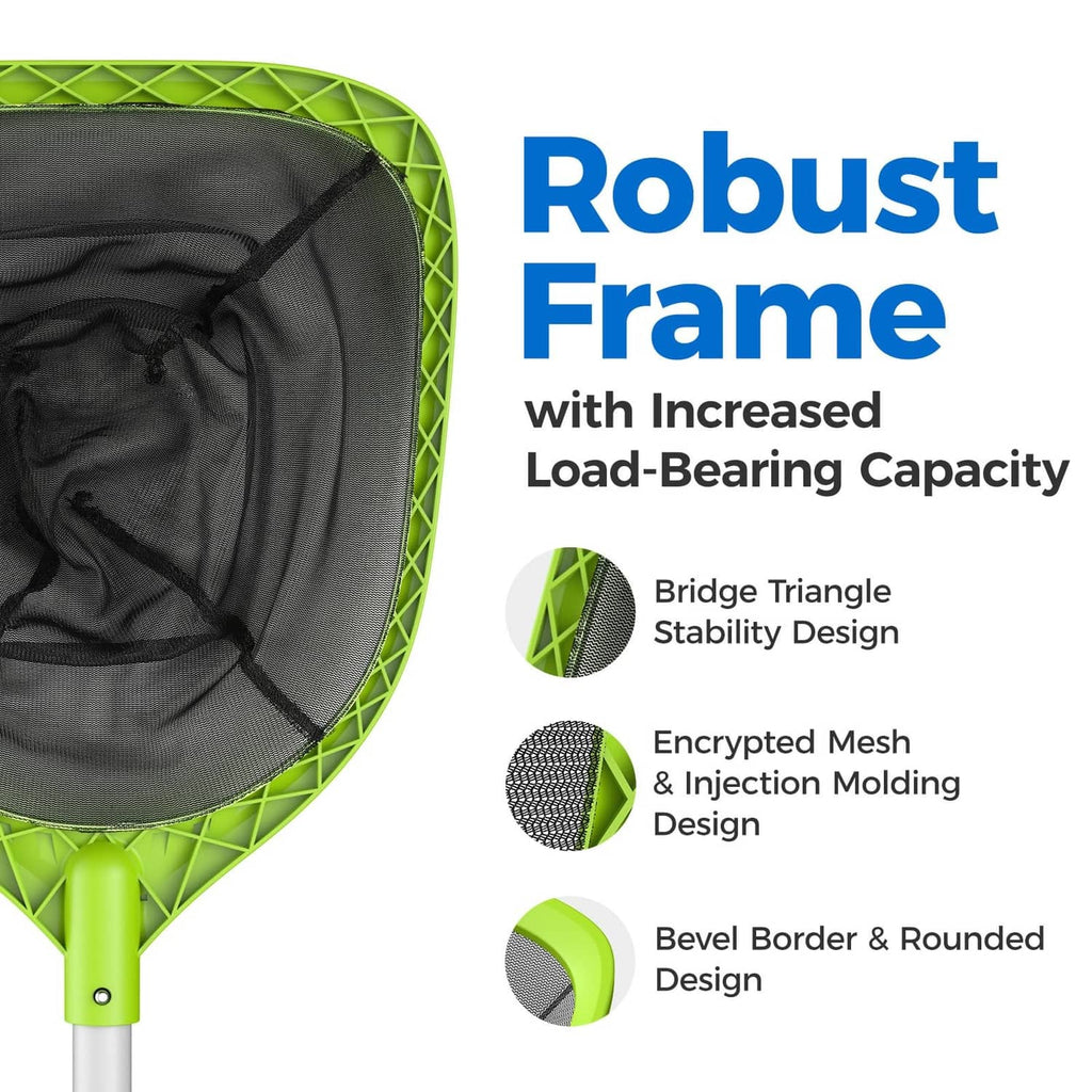 Swimming pool skimmer net with lime grid frame and gray mesh collection bag